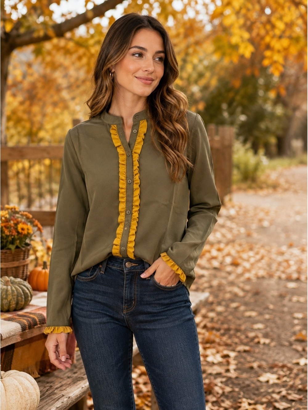 Tulip B Olive Green Button-Up Blouse with Mustard Ruffle Trim, Size Small